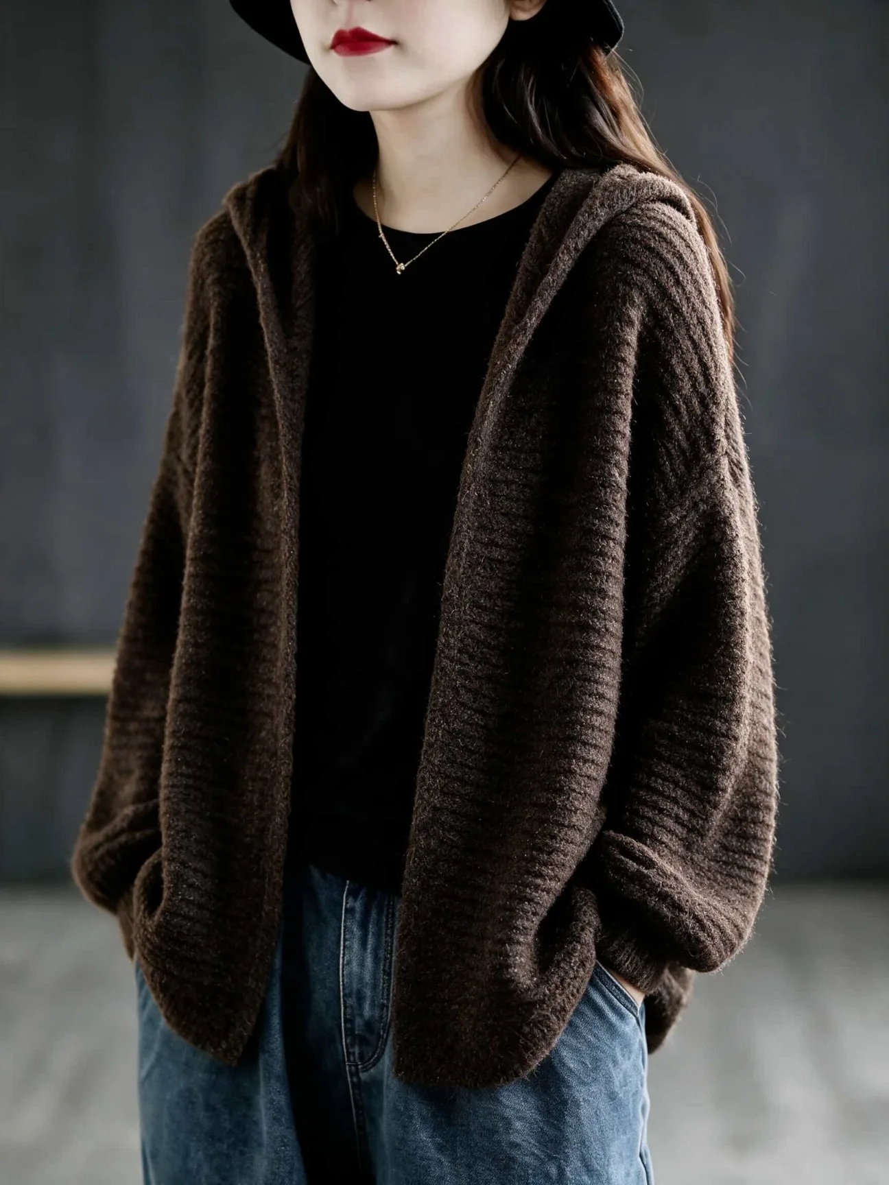 Artistic Large Size Trendy Loose Hoodie Open Cardigan Sweater Jacket Autumn Winter New Style Label Removed Women's Fashion