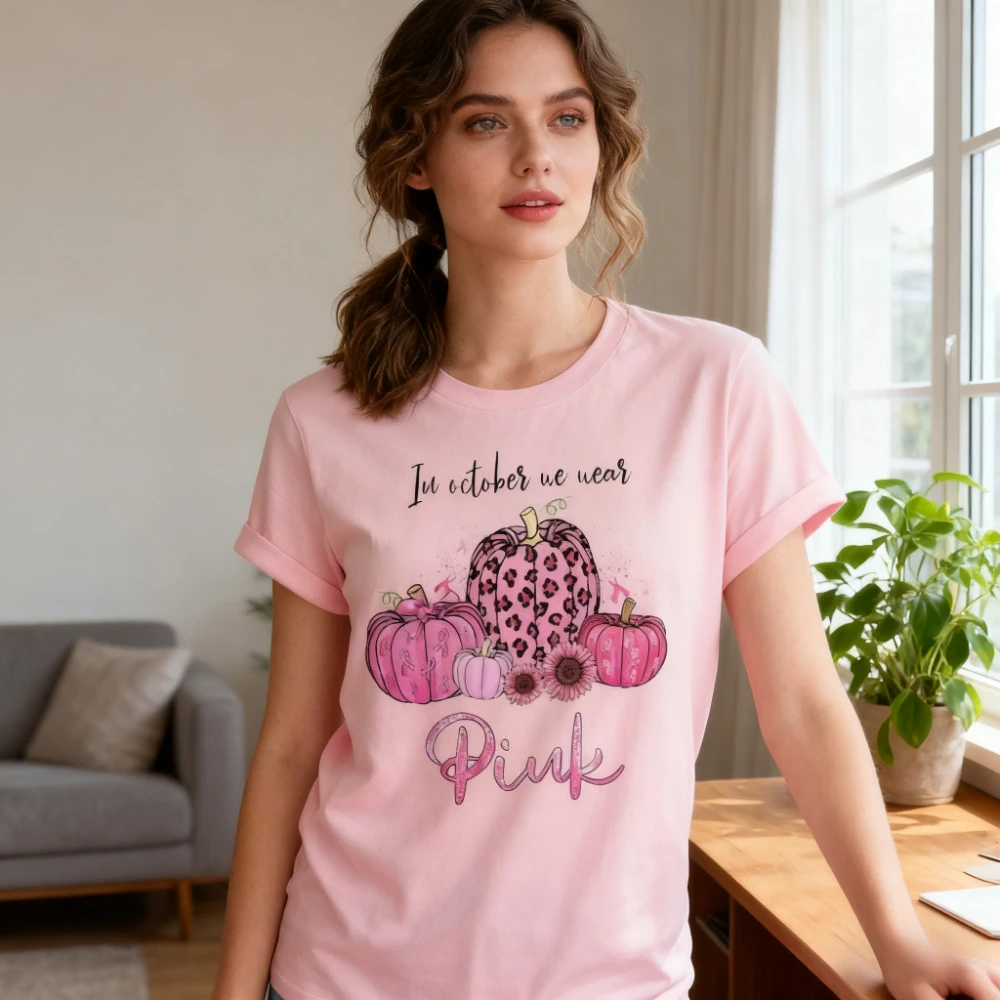 

In October We Wear Pink TShirt Breast Cancer Fighter Tee Breast Cancer Awareness T-Shirt Pink Pumpkin Shirt Motivational Tops