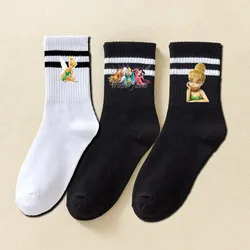 Disney-Chaussettes Courtes Respirantes et Douces pour Femme, Décontractées, Couleur Unie, Noir et Blanc, Motif Dessin Animé Fée Clochette