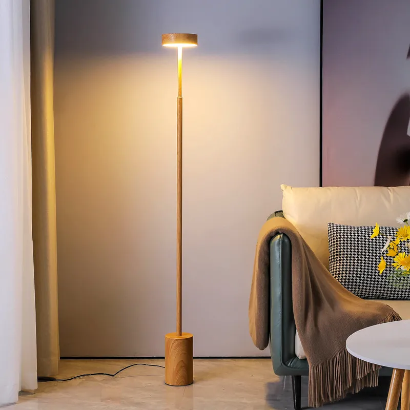 Wrought iron solid wood color Japanese log color floor lamp living room bedroom Nordic extremely simple modern vertical