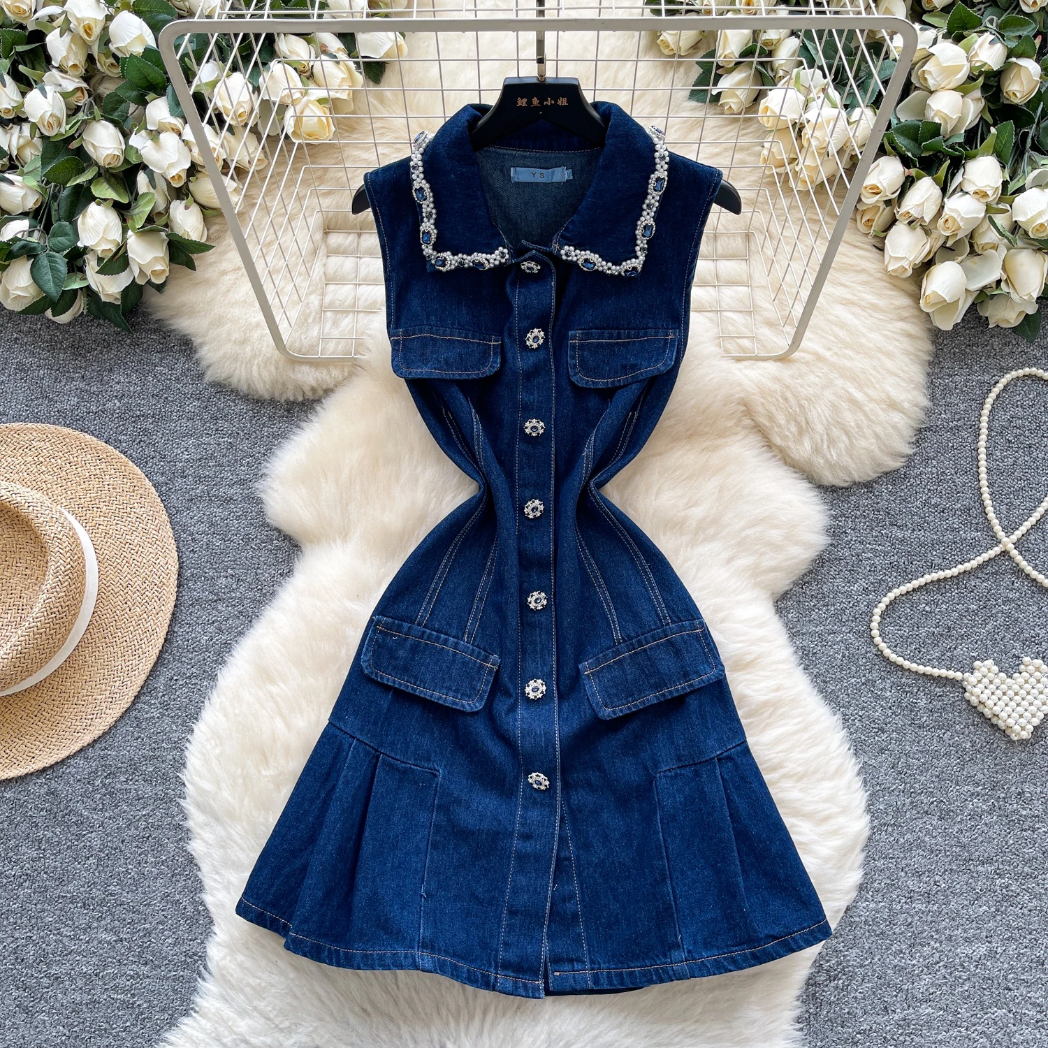 Chic vintage senza maniche strass Elegante fata moda coreana Boho Sundress abbigliamento donna mini abito