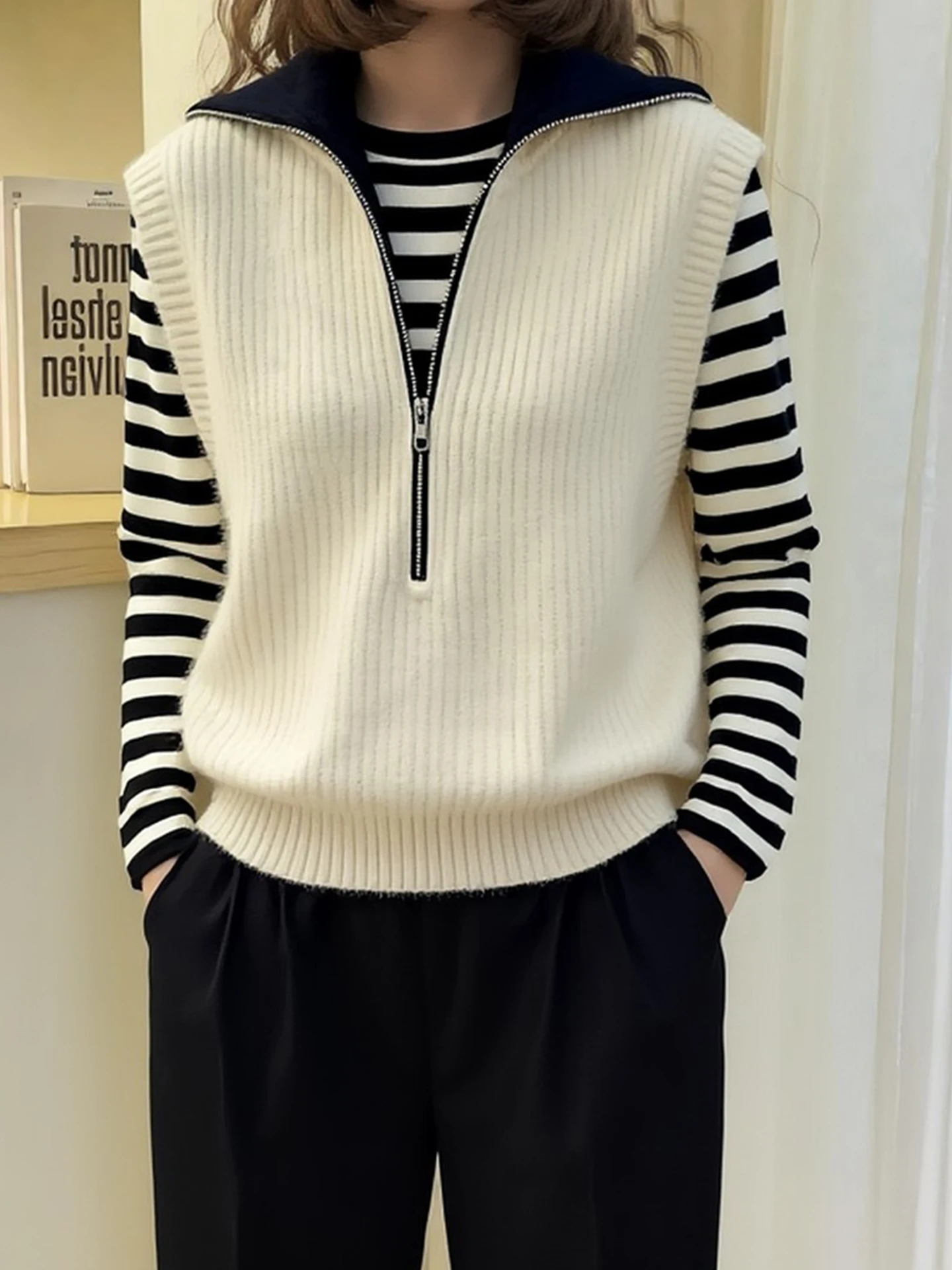 Casual Knitted Vest Pure Color Outerwear Top Layering Commute Versatile Shoulder Pad Autumn Winter Jacket Youthful