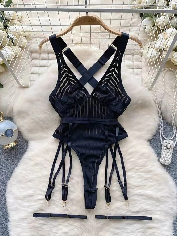 

Women Strap Hollow Out Backless French Style Striped Erotic Playsuits Cosplay Slim Fit Underwear Black Lingerie Sexy Bodysuits