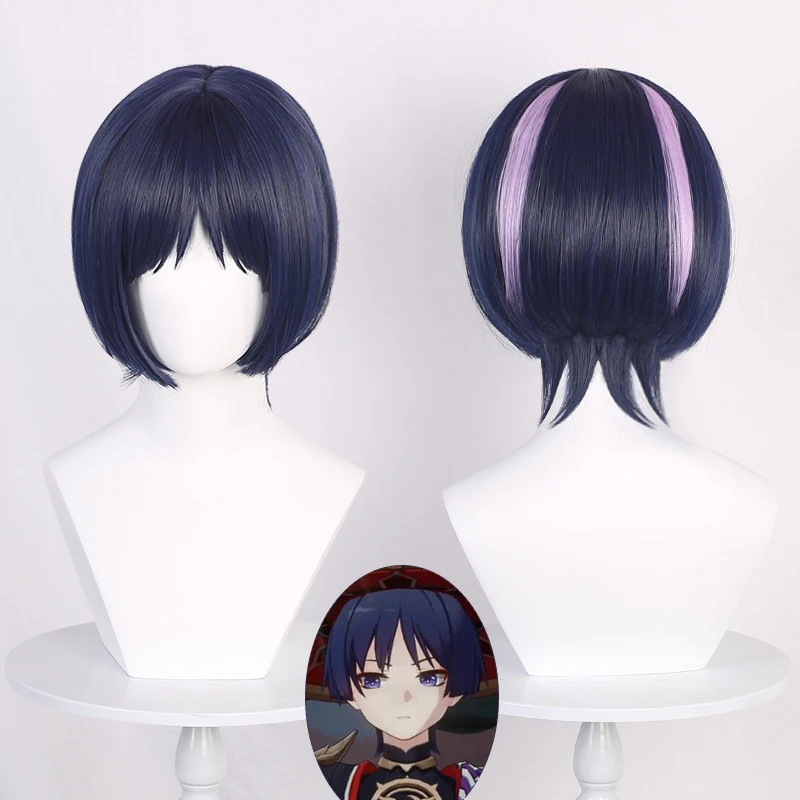 Anime Genshin Impact Wanderer Cosplay Wigs Headwear 35cm Long Simulation Scalp Thick Mixed Puffy Silk Long Hair Wigs