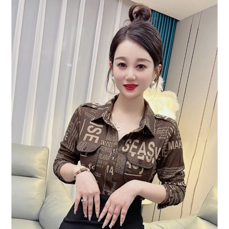 Womens Korean Fashion Letter Print Button Up Shirt Lapel Long Sleeve Slim Blouse Autumn Female Casual Pocket Tops Vintage Blusas