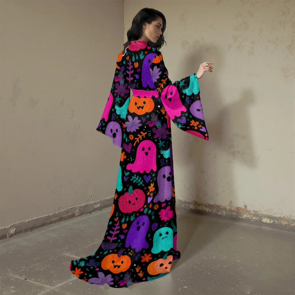 Halloween-Kimono-Robe für Damen mit niedlichem Geister- und Kürbismuster, Strand-Vertuschung, Party, Kostüm, Festival, Urlaub, Resort-Kleidung