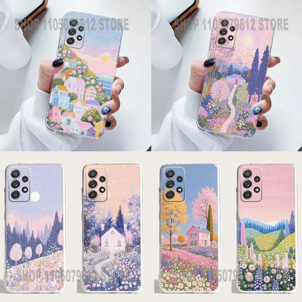 

Pink Vintage Garden House Phone Case Silicone For Samsung S30,23,21,22,20 FE lite,S10,9,PIus Note20ultra Soft Transparent