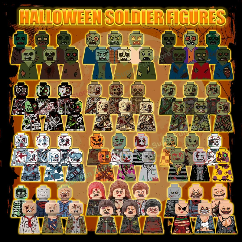 

MOC City Halloween Undead Soldier Building Blocks Military Special Force Snow Leopard Police Figure Skeleton Hat Hair Bricks Toy