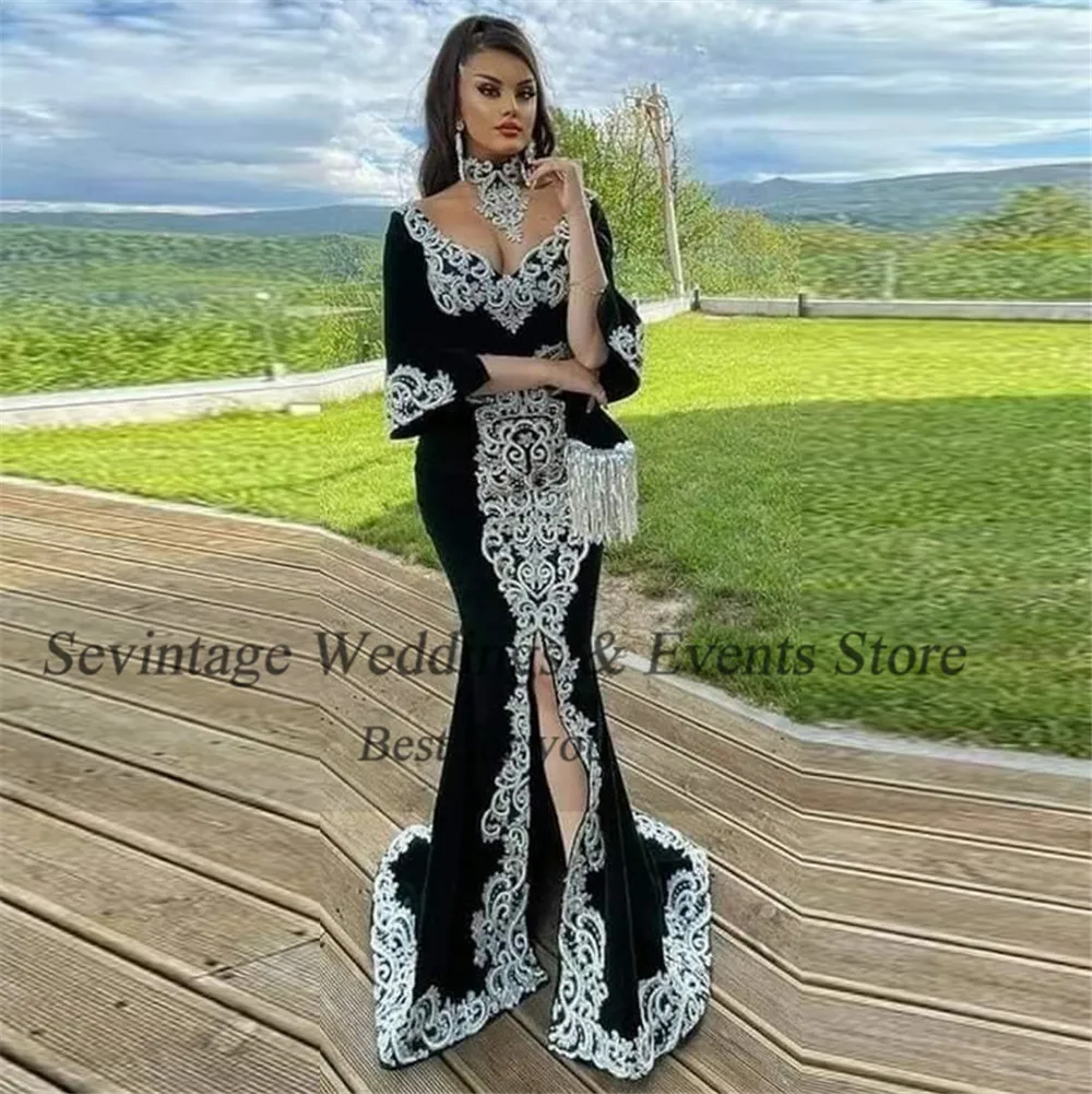 Sevintage Elegant Arabic Mermaid Velvet Evening Dresses V-Neck Half Sleeves Appliques Mid Split Prom Gowns Algerian Outfits 2023