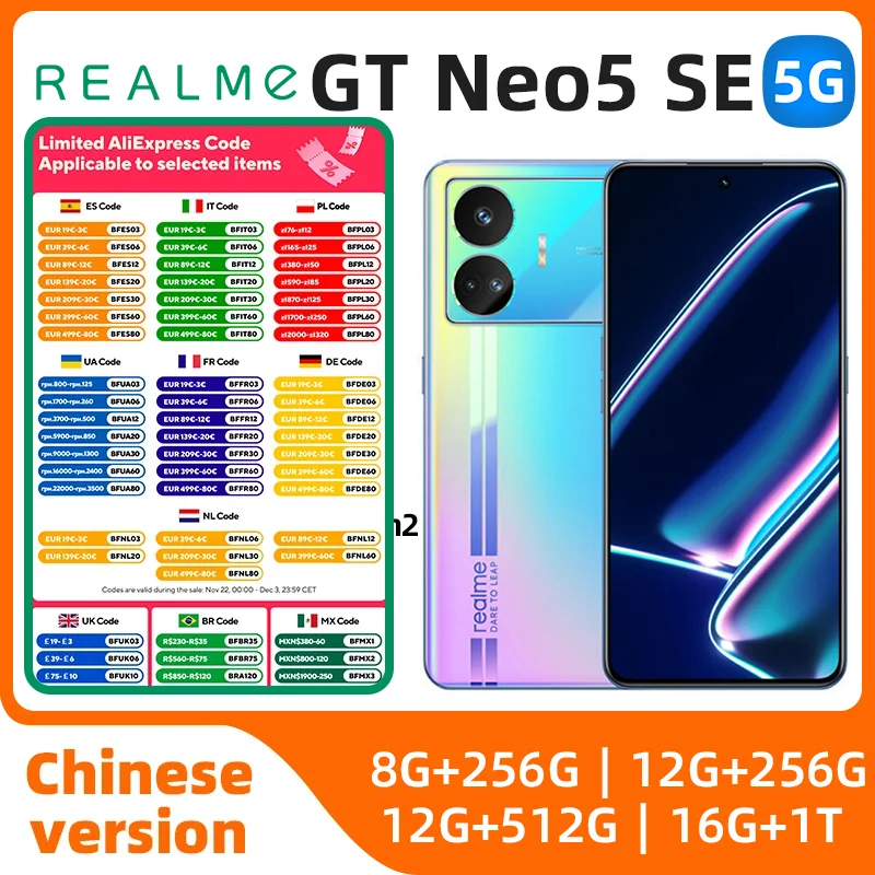 Realme-GT Neo 5 SE أندرويد 5G مقفلة ، 6.74 "، 1T ، جميع الألوان في حالة جيدة ، الأصلي ، الهاتف المستخدم