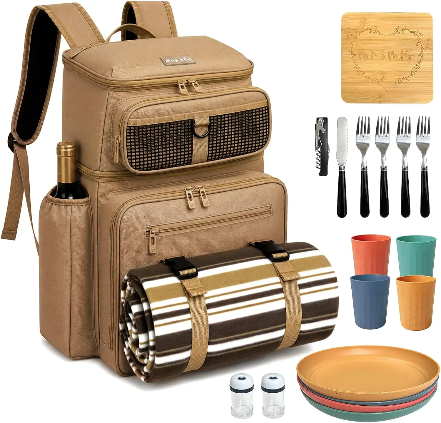 4-Person Large Picnic Basket Backpack with Insulated Cooler, Dry and Wet Compartment Separation, Multi-Pocket Storage Organizer, Couples Wedding and Bridal Shower Gift, Tan