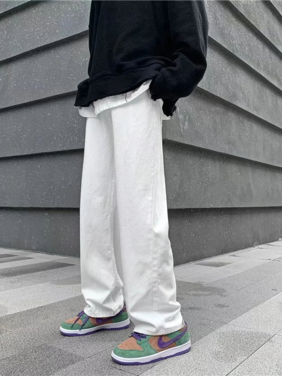 

White Loose Straight Leg Men's Jeans Casual Long Pants Trendy Streetwear Simple Versatile Wide Leg Trousers for Teen Boys