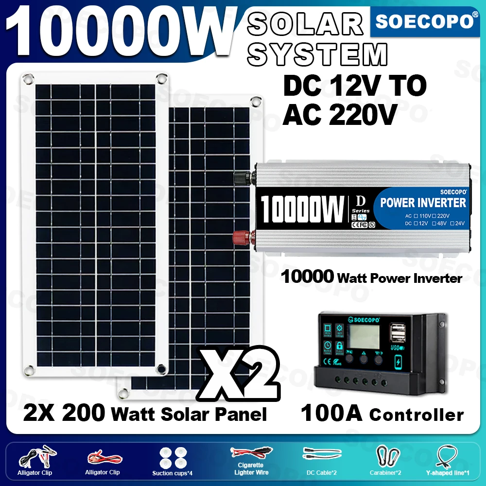 SOECOPO 10000W Peak Solar System Kit DC 12V - AC 110V/220V Inverter 2*200W Photovoltaic Panels 100A Controller for Camping Home