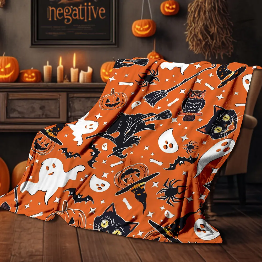 Halloween Throw Blanket Spooky Pumpkin Ghost Spider Web Witch Castle Print Flannel Blanket Soft Warm Sofa Bed Home Decor Holiday