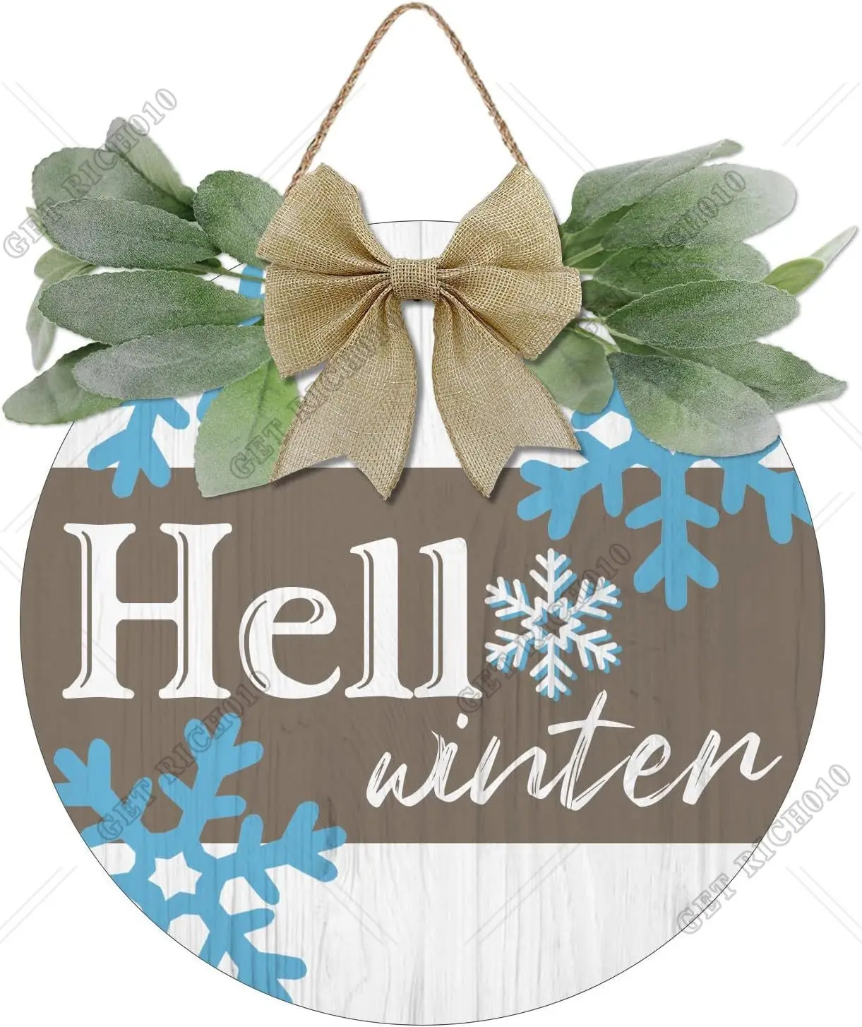 

Hello Winter Sign Blue for Front Door Decor Winter Welcome Farmhouse Door Hanger Porch Rustic Snowflakes 12 Inch Round