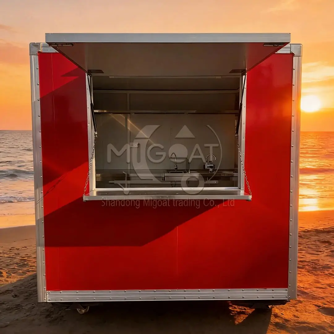 Red Multi-functional Mobile Food Cart Snack Truck Stainless Steel Workbench Catering Trailer for Business Use