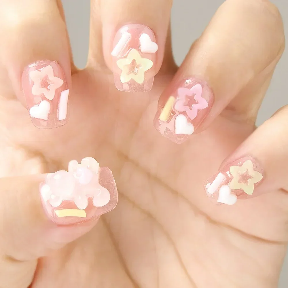 10Pcs Pink Cute Bear Design Press on Nails Short Square Handmade Fake Nails with Glue Reusable Full Cover False Nails Tips