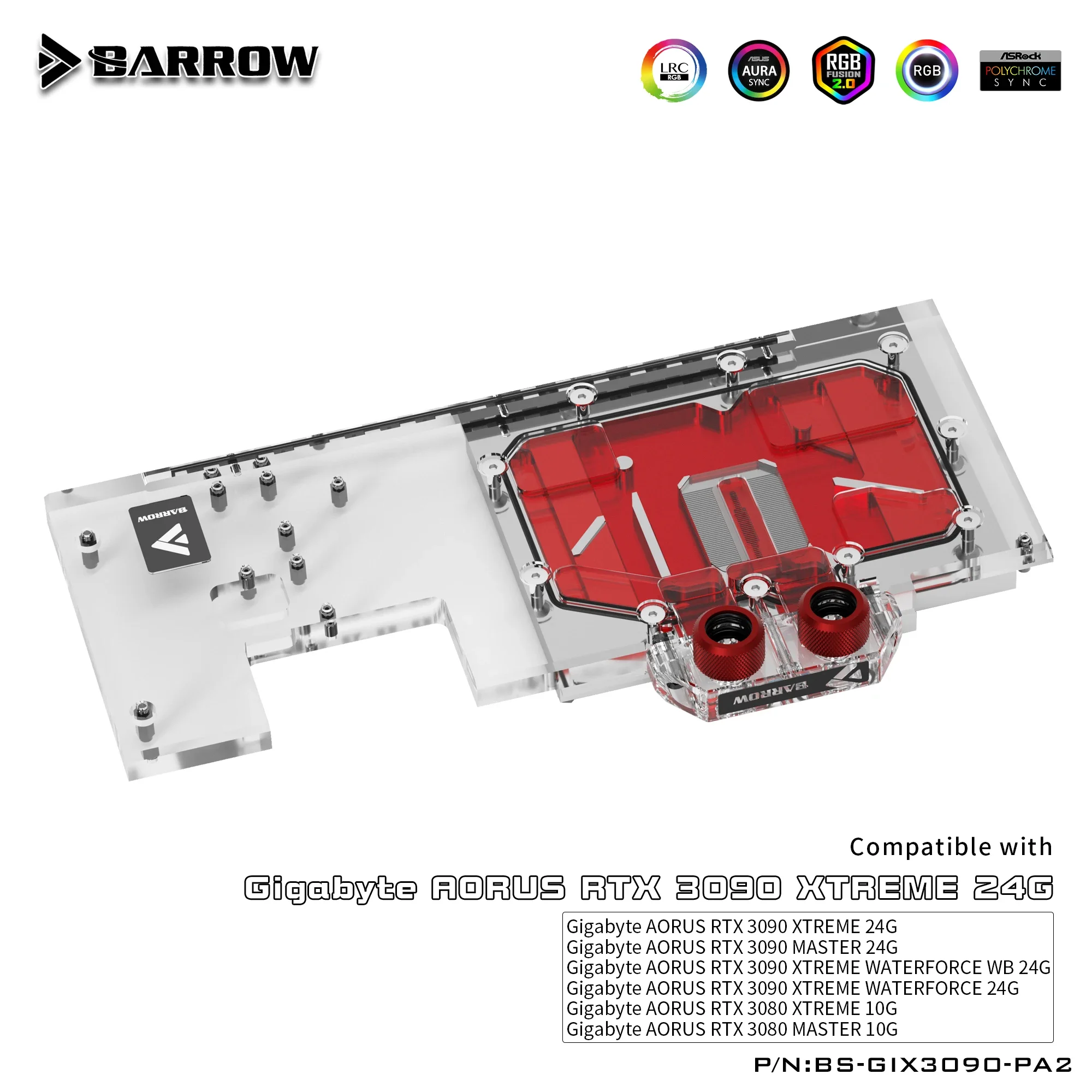 Barrow GPU Water Block VGA Block Cooler dla Gigabyte AORUS RTX 3090 3080 XTREME, Full Cover 5V ARGB 3PIN Płyta główna AURA SYNC