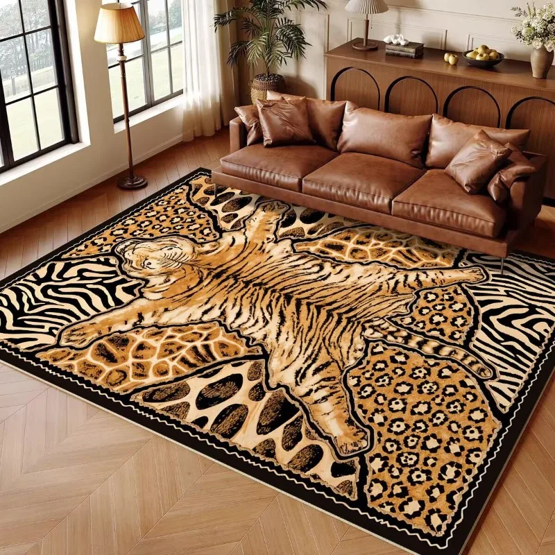Alfombra con estampado de animales elegante de lujo, alfombra de tigre, cebra, leopardo, marrón, negro, dorado, sala de estar, sofá, decoración del hogar, alfombra moderna