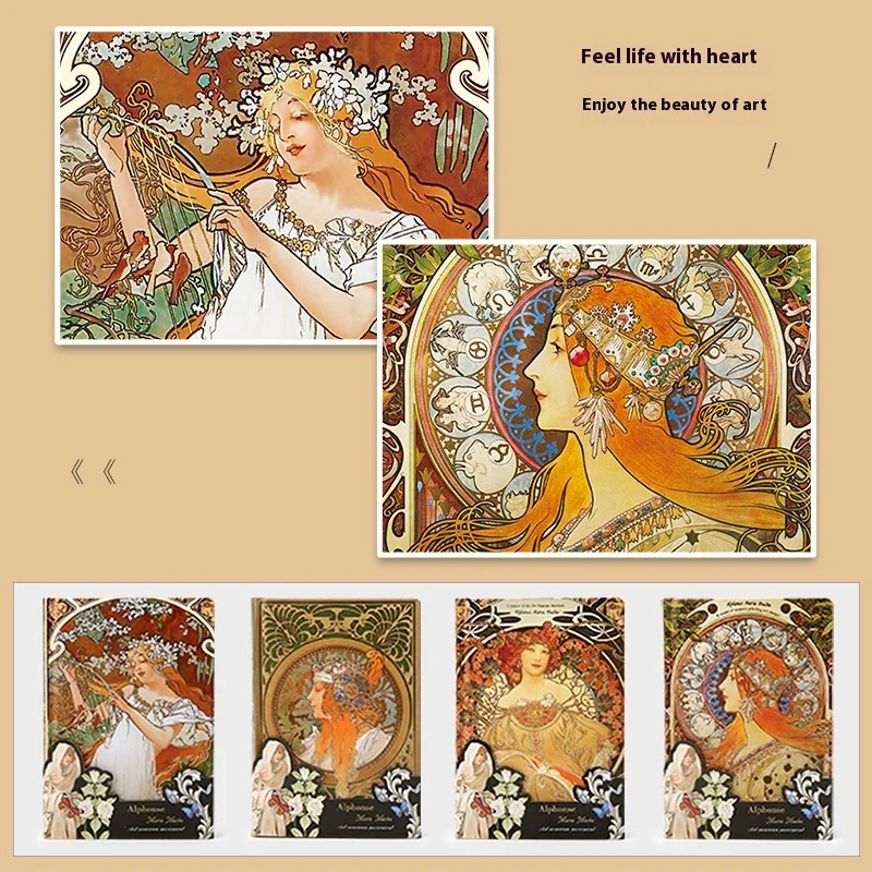 A5 Full Color Inside Page Scrapbook Oil Painting Mucha Girl Illustration Notebook Office Log School Hardcover Diary Stationery