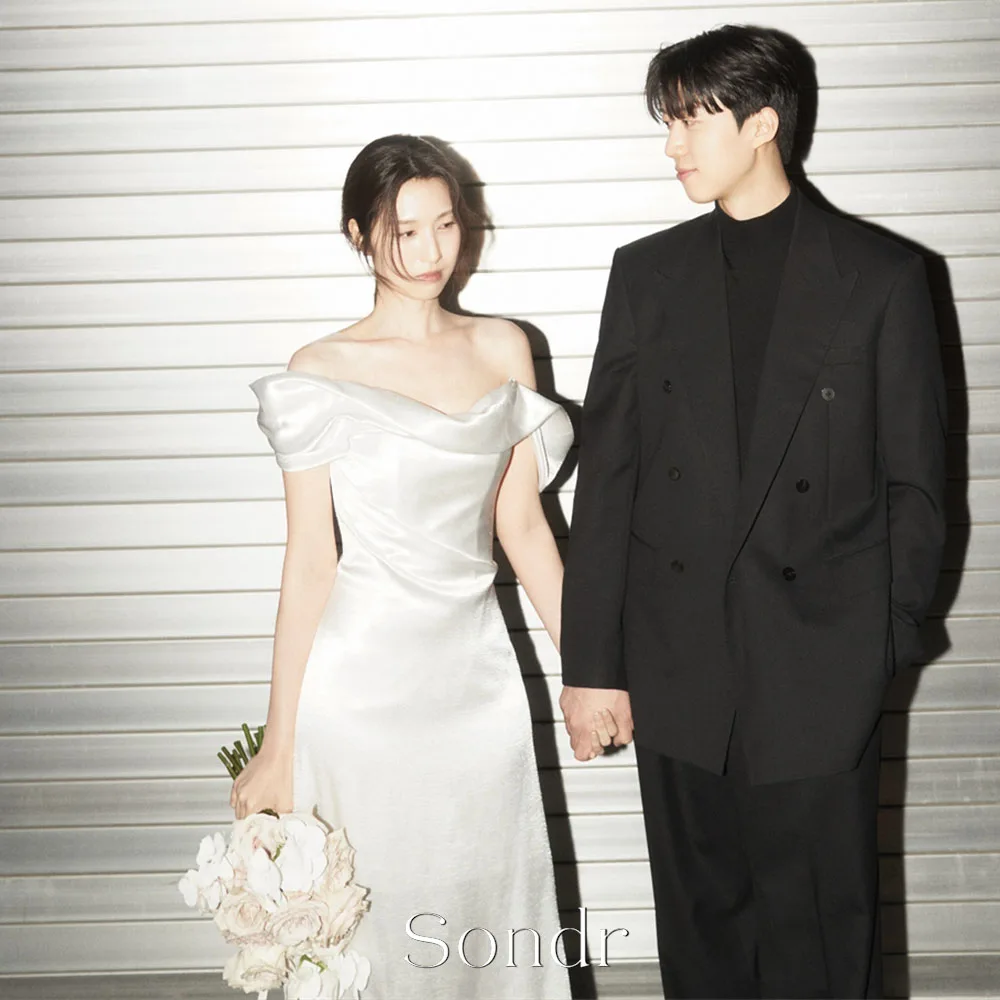 Sondr Korean Satin White Wedding Dresses Off The Shoulder Plain Bridal Gown Photography Gown for Women