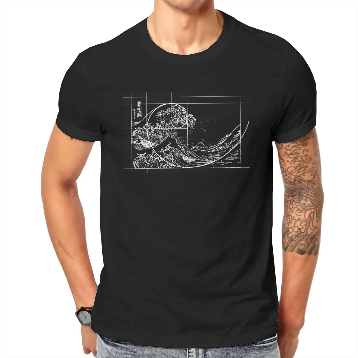 

Hokusai Meets fibonacci code Golden Ratio White Line 100% Cotton vintage XL-6XL mens graphic tshirts t shirts for men