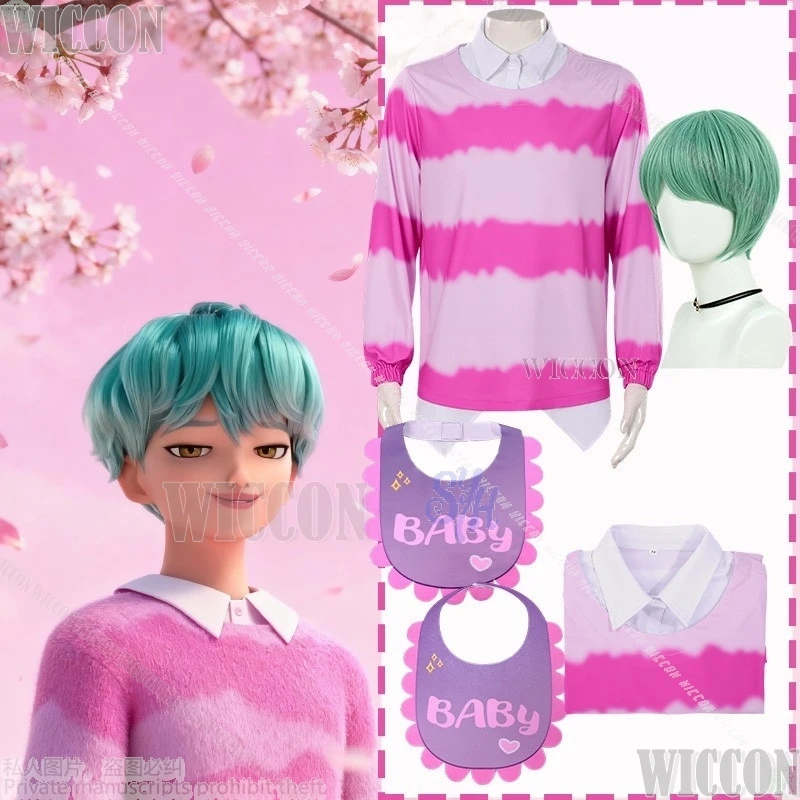 

Baby Anime Kpop Demon Saja Boys Cosplay Idol Korea Boys Group Pink White Striped Long Sleeve Shirt Wig Halloween Carnival Outfit