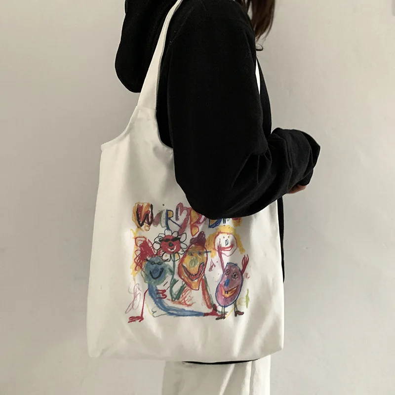 New Japanese Tote Shopping Bag for Lady 2023 Literary Cartoon Canvas Shoulder Bag Women Students Cotton Cloth Eco Shopper Bag