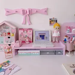 Pink Wood Desktop Lift Shelf, Laptop Bracket, Desktop Computer Bracket, Dolls Collection, Storage Rack