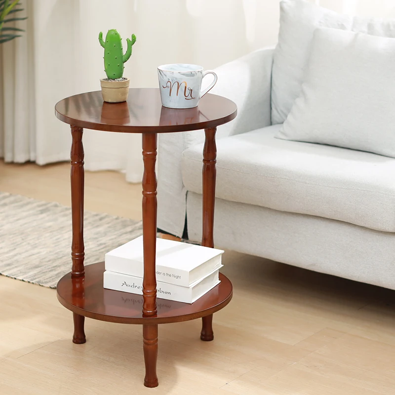 Solid Wood Round End Table Balcony Side Table Bedside Two Layers Coffee Table Handcrafted Small Wooden Desk