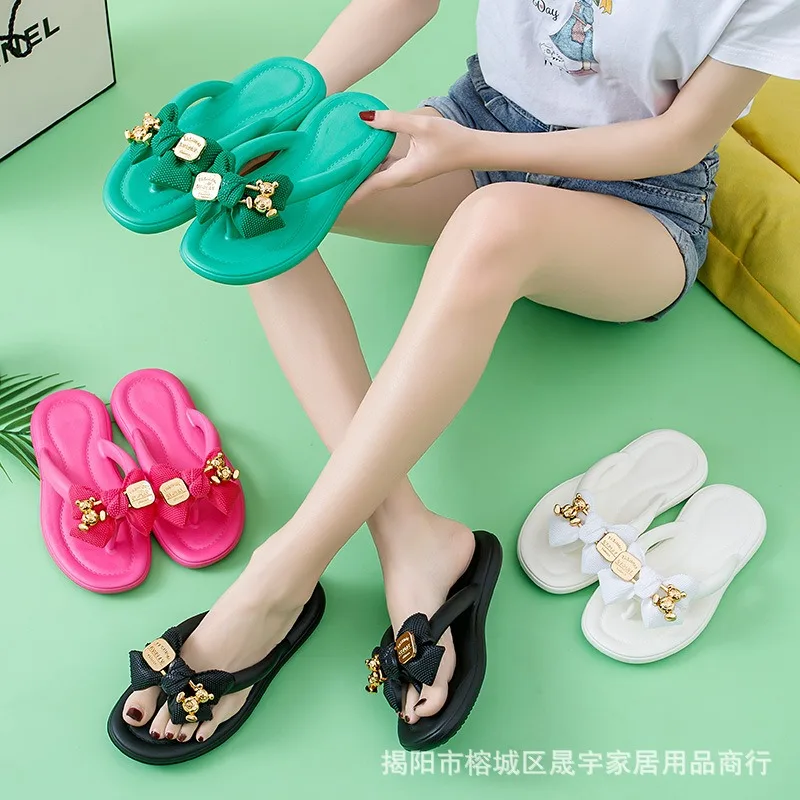 夏の女性用ボウフリップフロップ、レディースEVA厚底スリッパ、大人用滑り止めトウポストサンダル、ビーチシューズ、室内カジュアルスリッパ 1