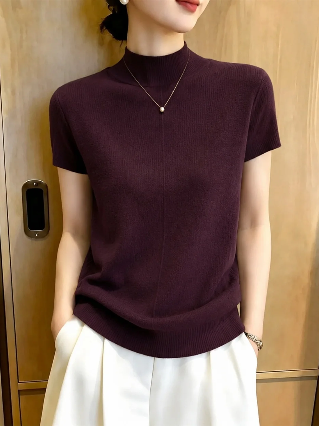 Slim Fit Short Sleeve Knitwear Half High Collar Women's Fashionable Maturity Style Soft Korean Version Commute Style Top