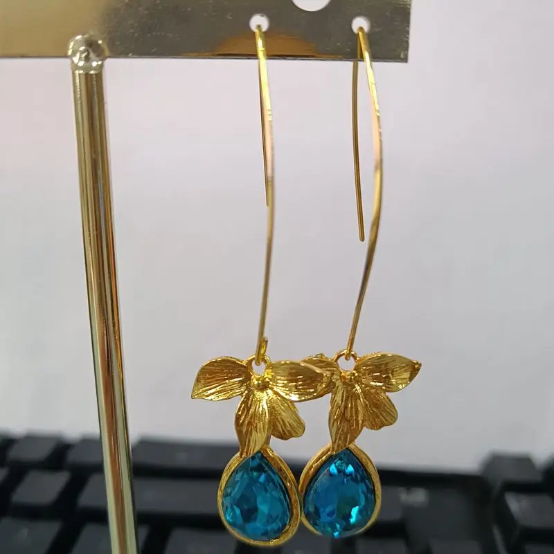 Fashion Yellow Gold Color Flower Water Drop Earring Shiny Blue Earrings for Women Engagement Wedding Anniversary Gift
