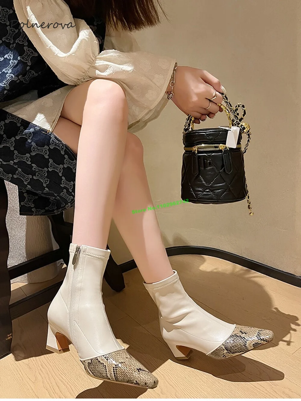 Sexy Snake Skin Patchwork Ankle Boots Pointed Toe Chunky Heel Boots Newest Banquet Runway Shoes for Women 2023 Autumn Elegant