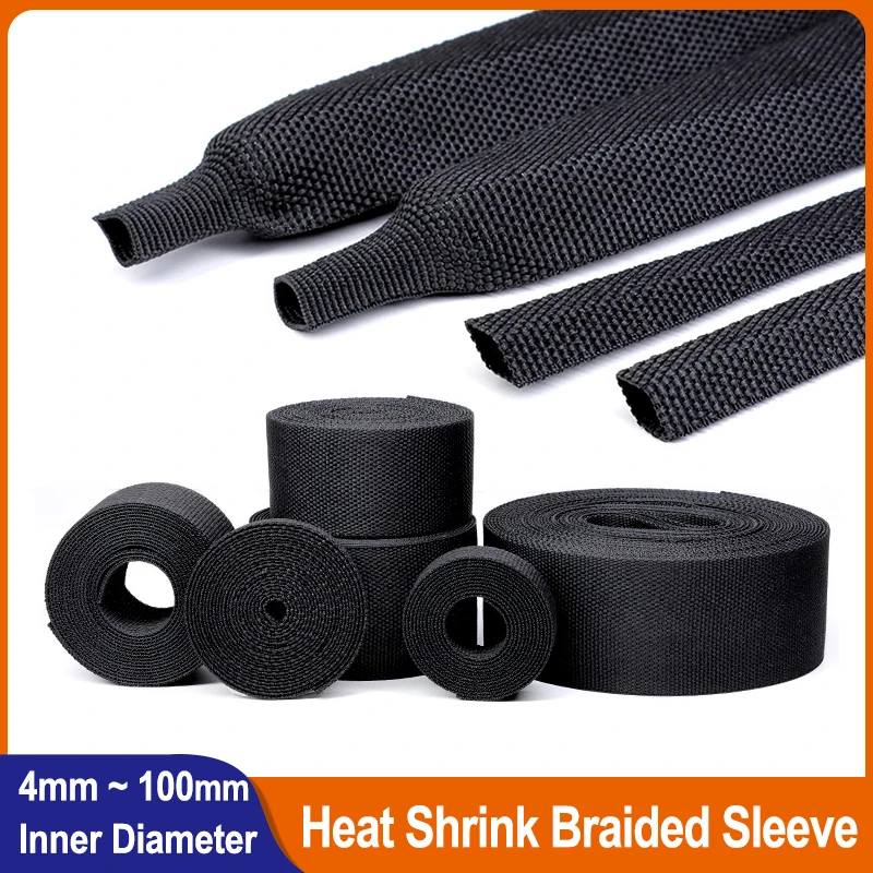 

1/2/5/10M Black Heat Shrink Cable Sleeve 4mm ~ 100mm PET Braided Insulated Flam Retardant Organizer Protection Wire Wrap Sheath