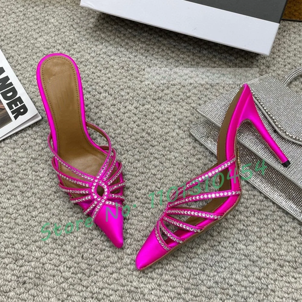 

Crystal Cross Strap Pointy Slippers Women Metallic High Heels Summer Satin Shoes Female Party Casual Gold Dress Sheepskin Slides