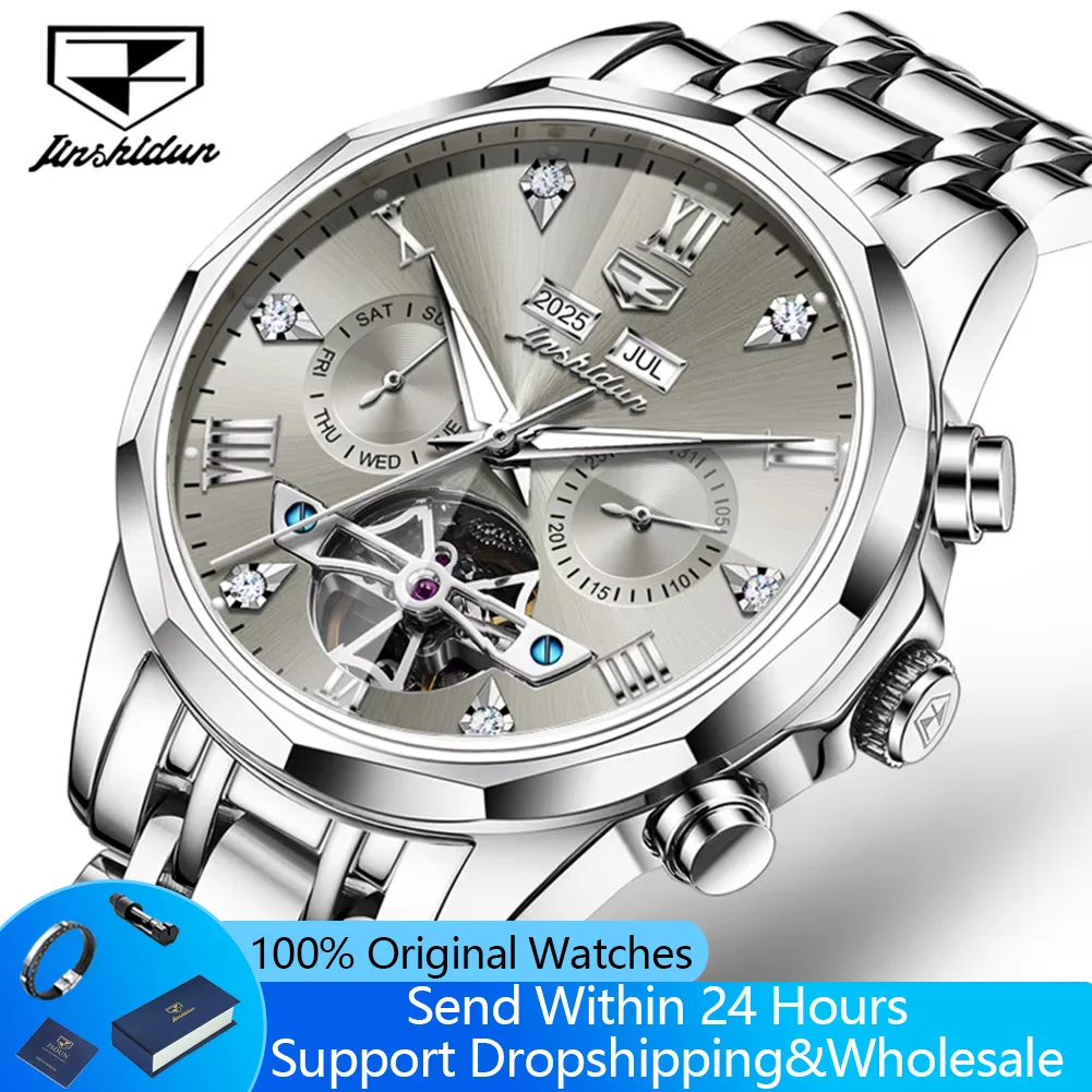 JINSHIDUN 8989 Luxus-Herrenuhr Mode Skelett-Schwungrad Automatikuhren für Herren Rhombus-Spiegel Business Mechanische Uhr für Männer