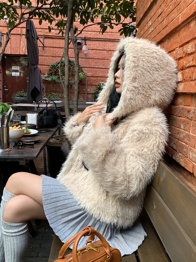 Preppy Style Sweet Women Hooded Coat Cute Horn Button Retro Fashion Thickened Loose Full Sleeve Sweetheart Comfort Outwears