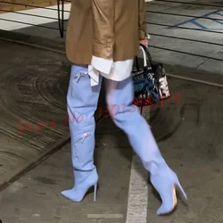 Light Blue Denim Thigh High Boots Women Hot Zipper Decor Elegant High Heels Shoes Streetwear Winter New In Design Long Boots