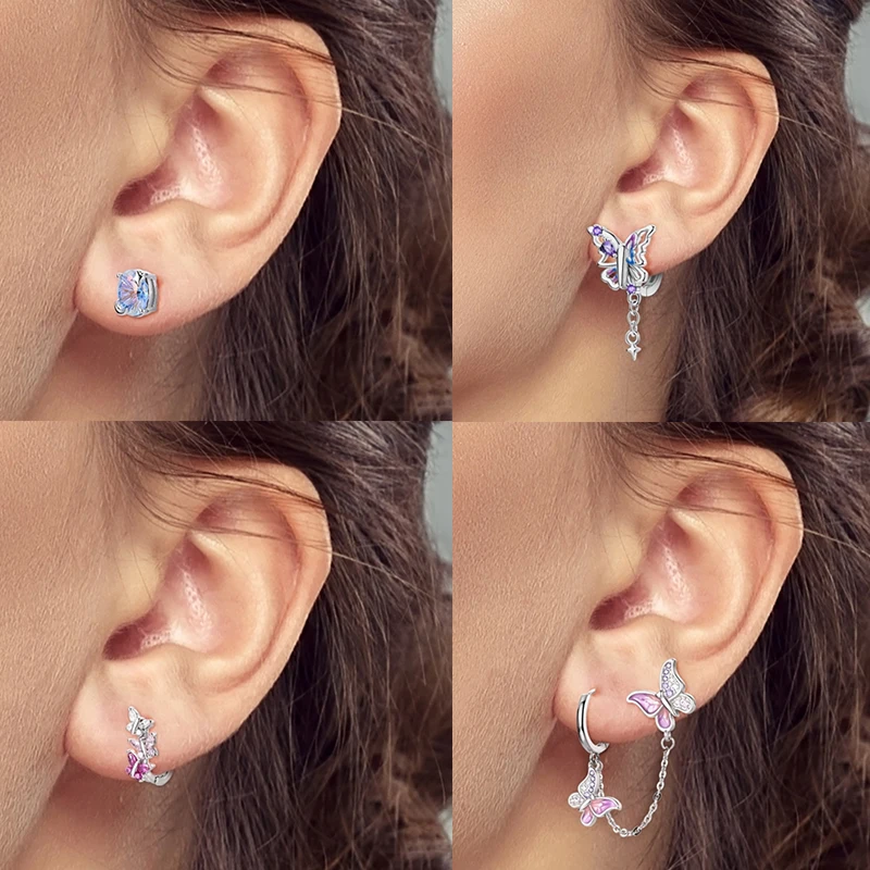 925 Sterling Silber Creolen Schmetterling Regenbogen Blume Tulpe Iris Lila Hängeohrringe Schmuck Geschenk für Frauen Mädchen – Detail 5