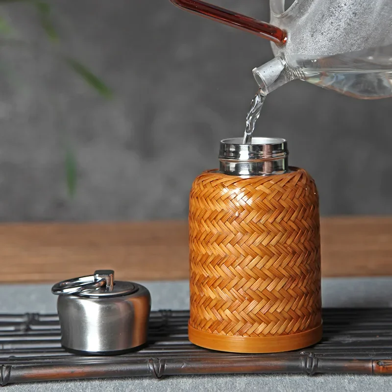 Bamboo Woven Water Cup Heat Preservation Cup Vintage Small Thermo Tea Cup Kettle Stainless Steel Portable Travel Mug