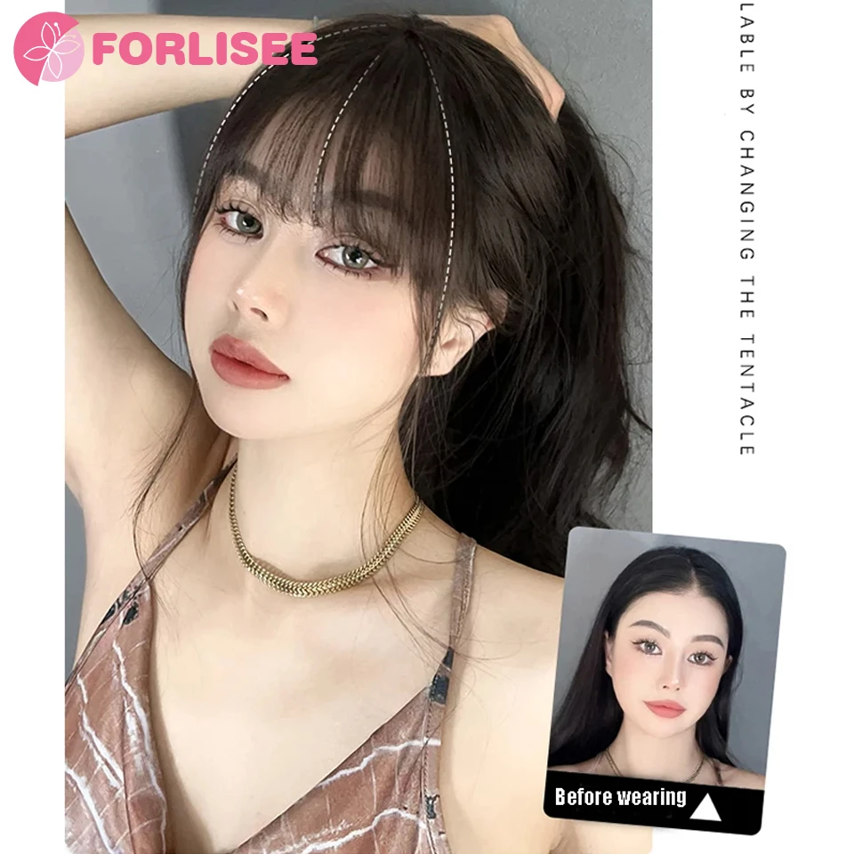 FORLISEE-3D Sintético Falso Francês Air Bangs Linha Fina, Testa Natural, Invisível Simulação Cabelo, Peruca Peça