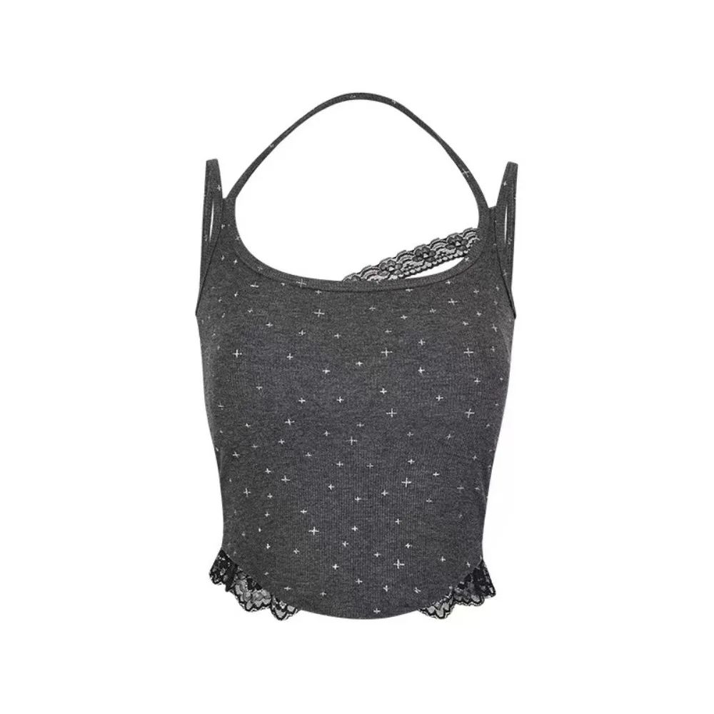 

Korean Dots Strap Skinny Vest Tops Tank Irregular Camisole with Pads Lace Sleeveless Y2K Slim Crop Top Party