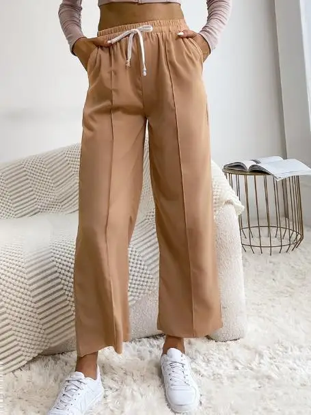 

2025 Autumn/Winter New Women's Brown Pants Solid Color Drawstring High Waist Bellbottom Pants Women's Wear