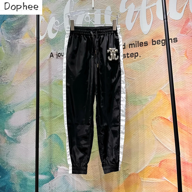 

Luxury Trendy Brand Diamonds Beads Casual Super Thin Summer Trousers Men/woman Side Colorblock Elastic Waist Black Harem Pants