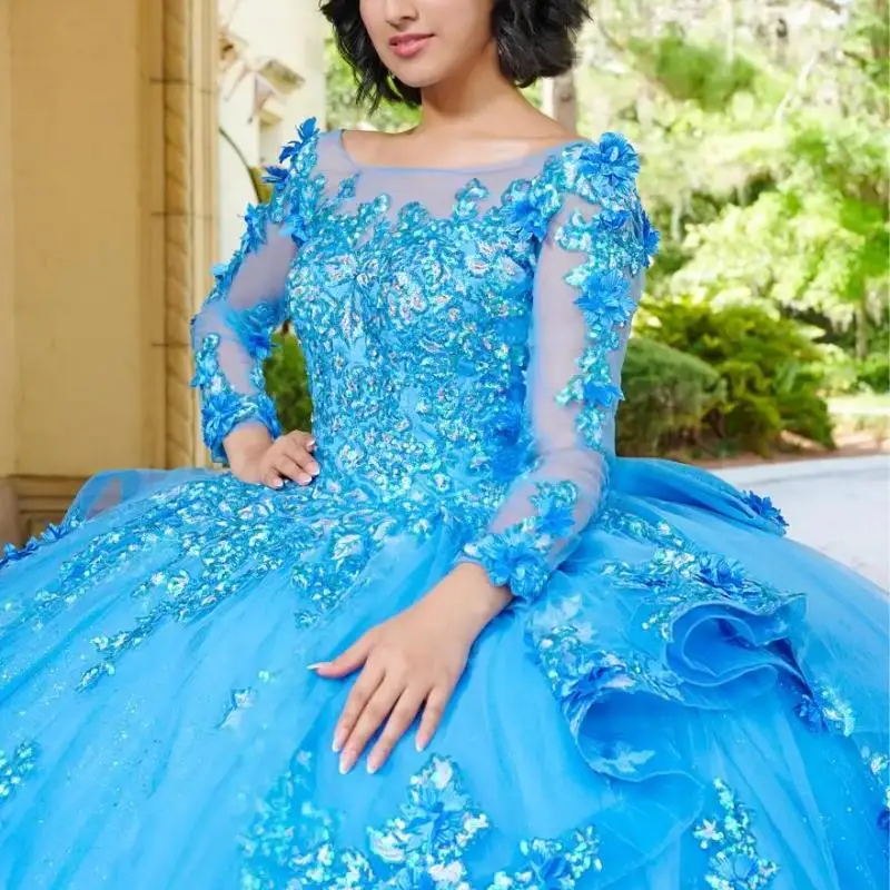 

Blue Long Sleeve Quinceanera Dress 2024 Ball Gown Lace Appliques Beaded Sweet 16 Dress Vestidos