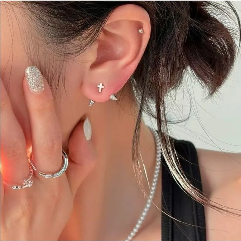 1 Pair Hot Sale Pain-Free Punk Stainless Steel Spike Cross Stud Earrings for Women Spicy Girl Y2K 2000s Unique New Fashion Gift