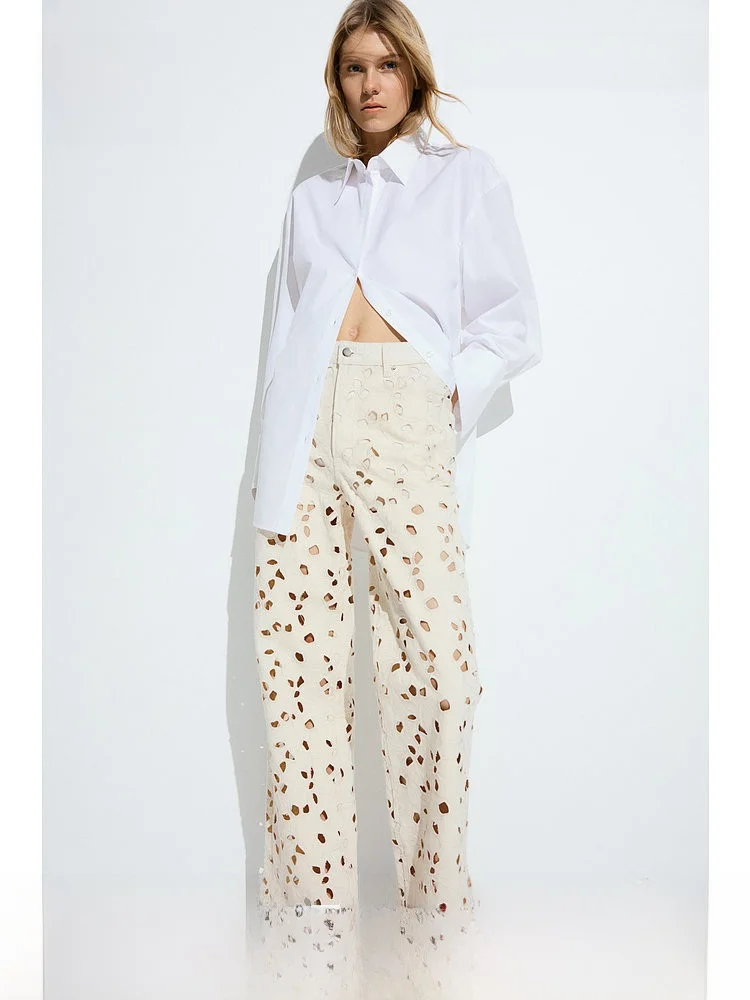 

H&M Women's Embroidered Hollow Design Fashionable Jeans Summer Trendy Cotton Straight Leg Long Trousers Natural Waist