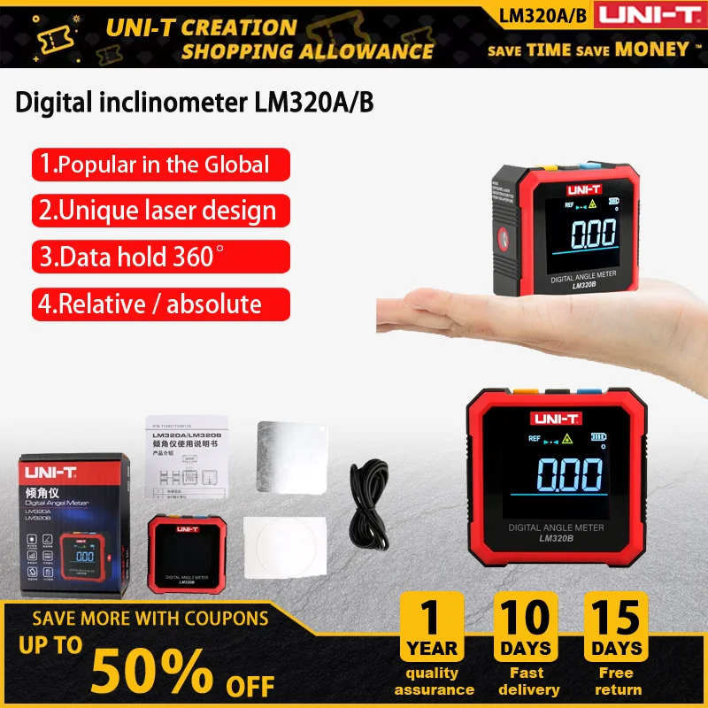 

UNI-T LM320A LM320B Electronic Angle Meter Digital Protractor Magnetic Inclinometer Angle Tester Bevel Box Backlight