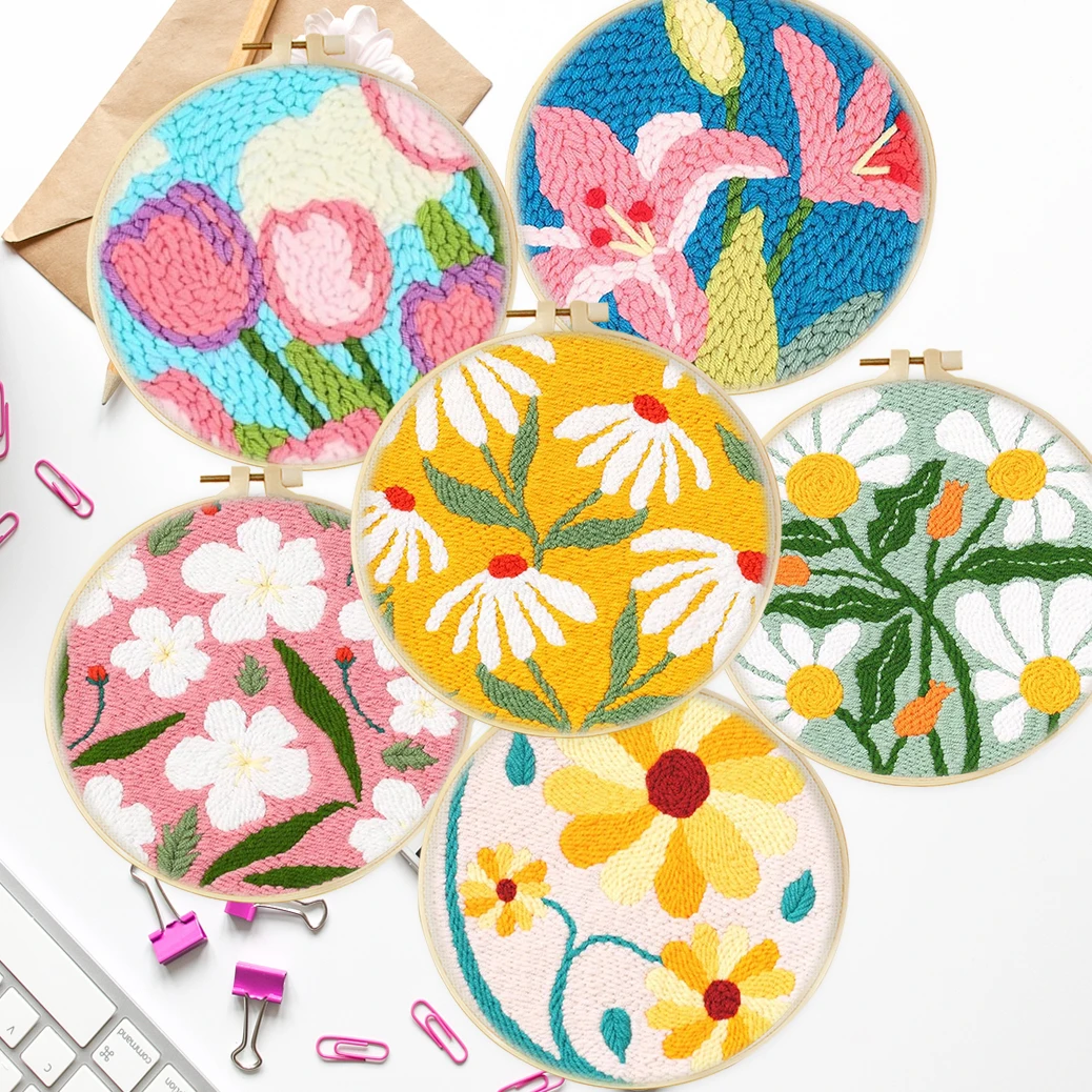 

Diy Punch Needle Kit Cross Stitch For Beginner Flowers Yarns and Sewing Needles Embroidery Starter Kits For Diy Gift Home Decor